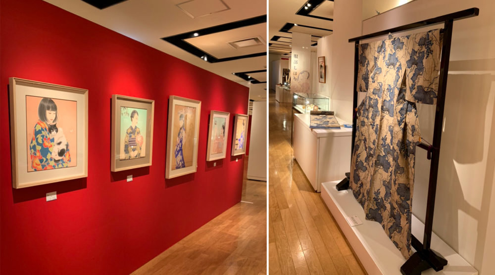 宮﨑優さんの展示。使用画材や竺仙浴衣・小物なども見られます。
