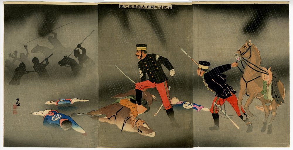 清親「斥侯浅川騎兵大尉奮戦之図」
